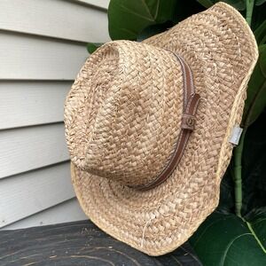 Gold Coast Sunwear Natural Straw Hat One Size Fits Most Braided Leather Band EUC